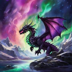 a dragon with purple wings is standing in front of a colorful sky.