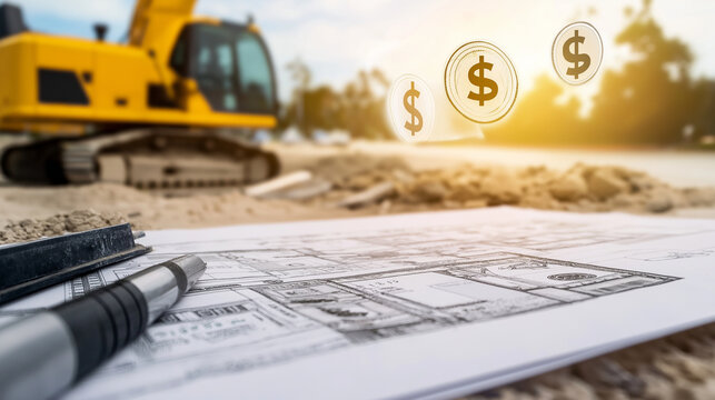 Architectural plans laid out on a table at a construction site, with road repairs in the background. Floating dollar icons signify the cost analysis of the project.