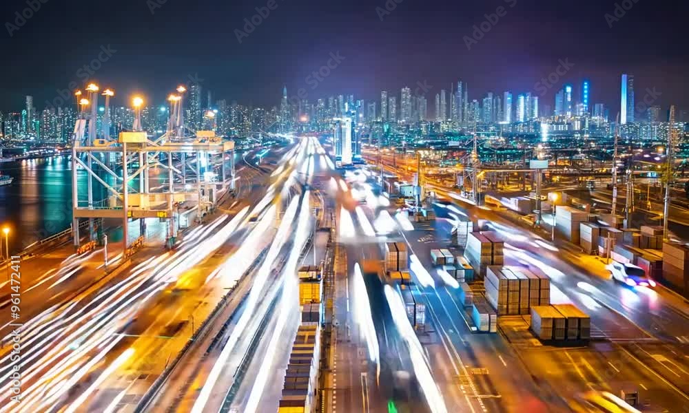 Poster time lapse port logistics network visualized with digital connections and container shipments