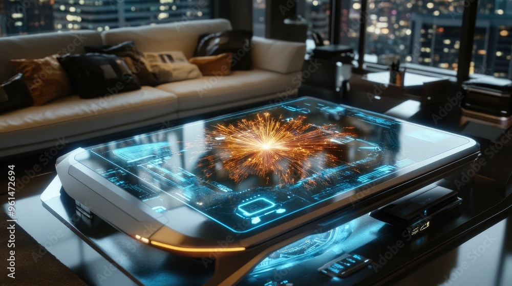 Poster a smart coffee table displaying digital fireworks on its screen, surrounded by high-tech gadgets in 