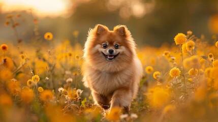 Obraz premium A small brown dog joyfully runs through a sunlit field filled with yellow dandelions, its face beaming with a smile