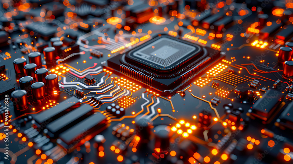 Aufkleber close-up of a computer circuit board with glowing orange wires and processor showcasing advanced tec