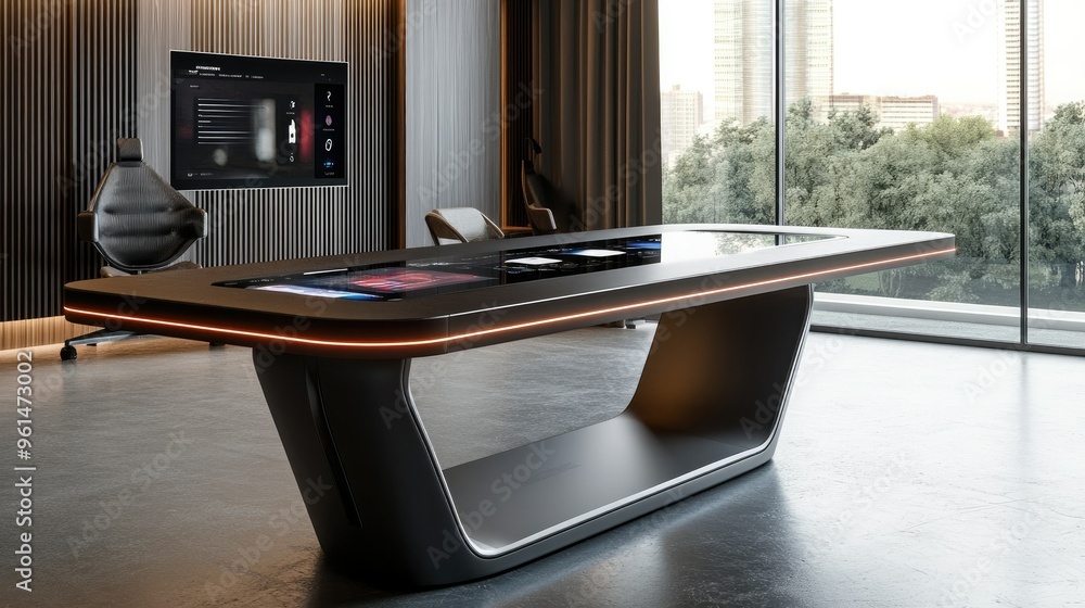 Poster a smart table with an integrated touchscreen interface for controlling smart home devices, displayed