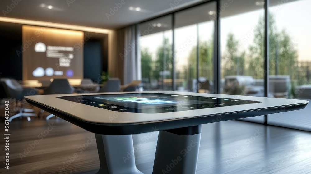 Aufkleber a smart table with an integrated touchscreen interface for controlling smart home devices, displayed