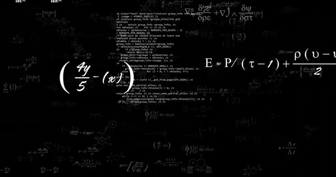 Mathematical equations and chemical formulas animation over black background