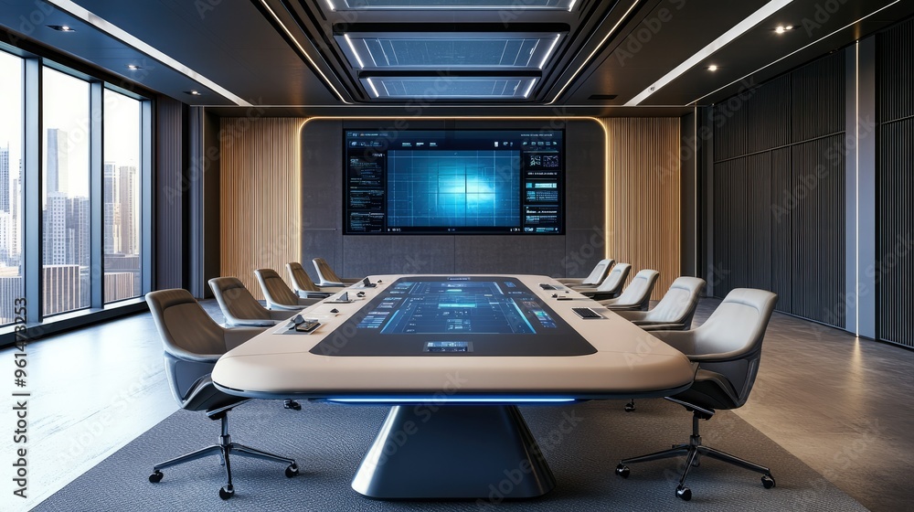 Poster a tech-enabled conference table with built-in screens and wireless connectivity, surrounded by offic