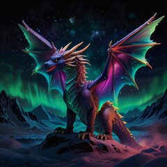a dragon with a dragon on it's face and the aurora in the background.