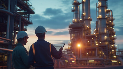Two oil and gas engineers examining a digital blueprint on a tablet, standing in front of a massive industrial complex