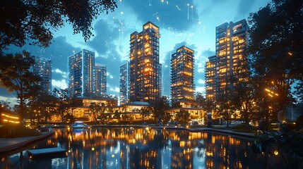 Fototapeta premium A cityscape with a reflective pond glows at night, blending architecture and nature in a serene urban setting.