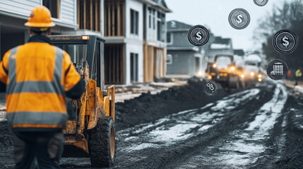 A road repair worker operates a machine in front of a partially constructed residential building, with floating dollar icons representing the investment in infrastructure and housi