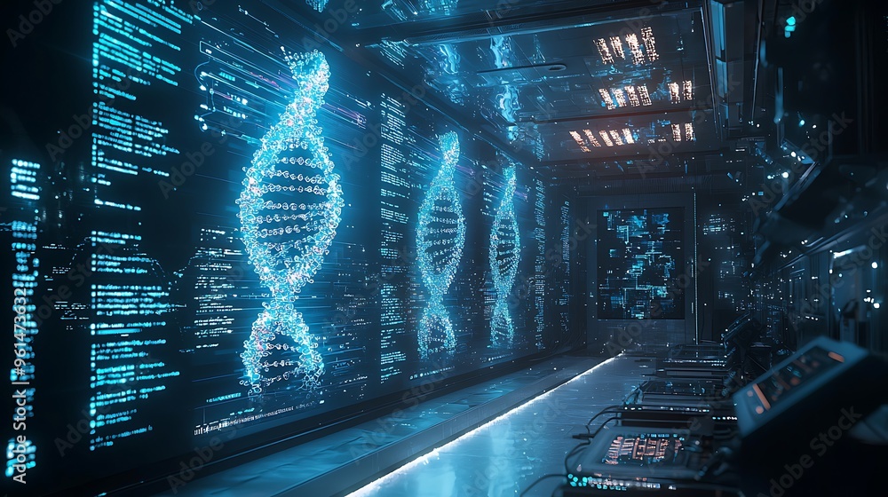 Poster a high-tech dna data center hums with digital displays, mapping the intricate dance of genetic codes