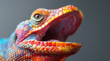 Fototapeta premium A tight shot of a vibrant lizard's head, revealing an open mouth and extended tongue