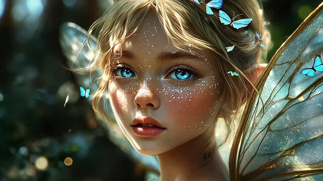 An intimate portrayal of a fairy with luminous white hair, emphasizing her mystical charm and delicate features, A little heavenly being with sparkling eyes and a serene demeanor