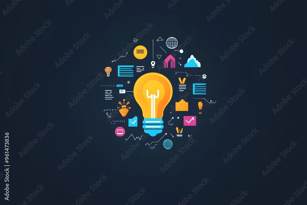 Poster lightbulb surrounded by various business icons and symbols on a dark background