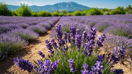 Fototapeta premium Vibrant lavender blossoms in valley, blue sky backdrop 