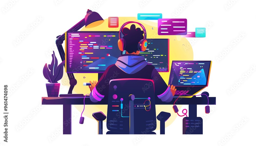 Poster programmer writing code, innovative project, flat design illustration