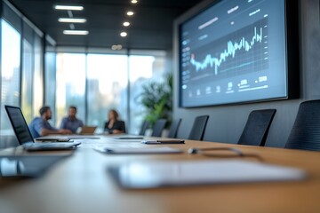 Business Meeting Table with Blurred Background of Colleagues and Stock Market Data Displayed on a Screen