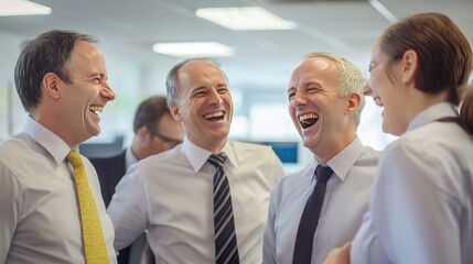 A group of office workers, all wearing ties, laughing together in a bright office, showing camaraderie and a positive work atmosphere.