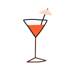 Summer beach cocktail in glass with umbrella straw. Refreshing alcohol beverage in wineglass. Party drink, aperitif in doodle style. Flat graphic vector illustration isolated on white background