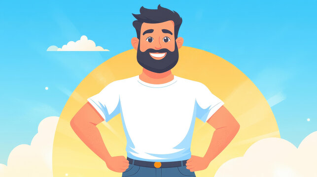 Bright and cheerful cartoon of a smiling man in a summer outfit, showcasing confidence with hands on hips.
