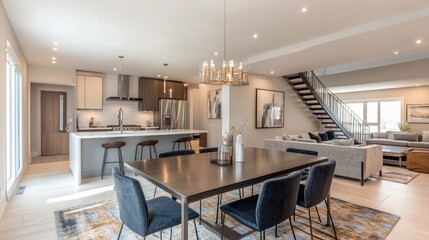 Chic open-concept space featuring a stylish dining table, comfortable lounge area, and a contemporary kitchen, with an emphasis on seamless design and flow.