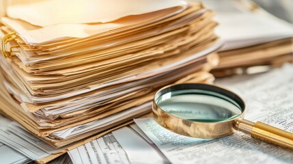 Stack of Papers with Magnifying Glass and Sunlight