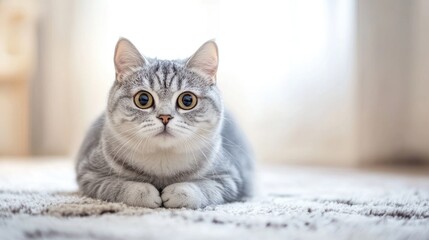 Chubby cat sitting on a soft rug, looking directly at the camera with a slightly tilted head, giving a curious and adorable expression.