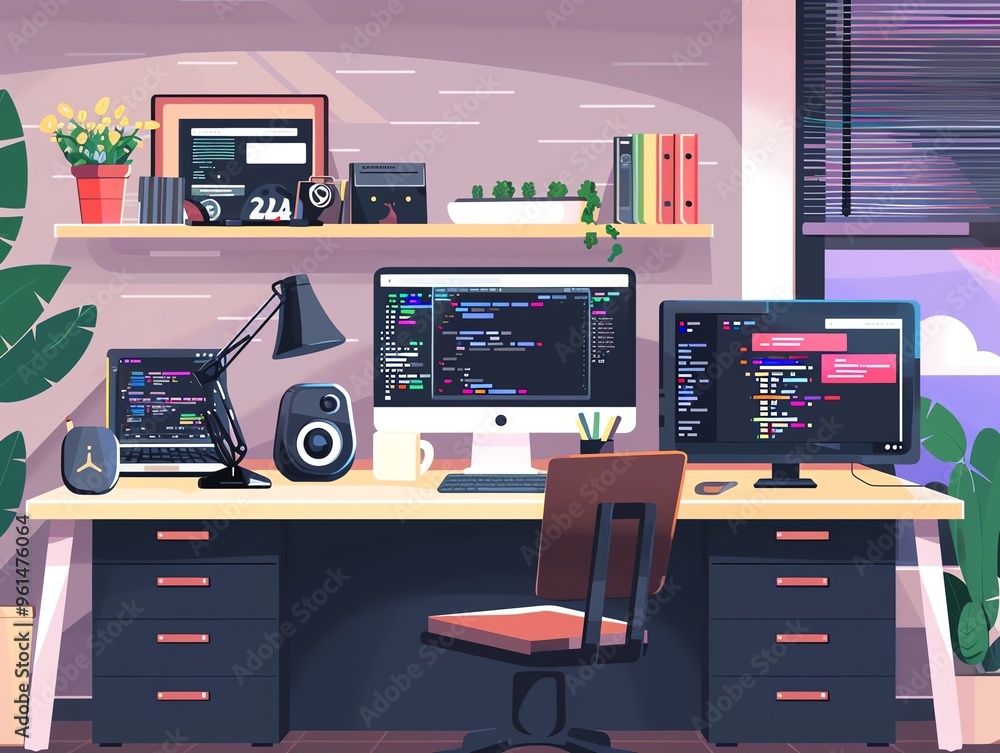 Poster coding workspace, organized and efficient, flat design illustration
