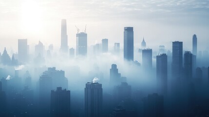 Obraz premium City skyline shrouded in smog and air pollution, with visible haze and reduced visibility, emphasizing the urban impact of global warming.