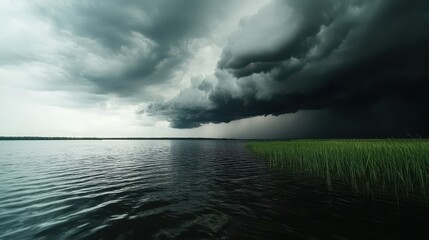 Storm clouds moving in over a calm lake, approaching weather, impending storm