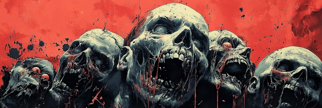 A disturbing illustration featuring decaying skulls in a bloody, gory setting, portraying a sense of dread and morbidity, perfect for horror-themed designs.