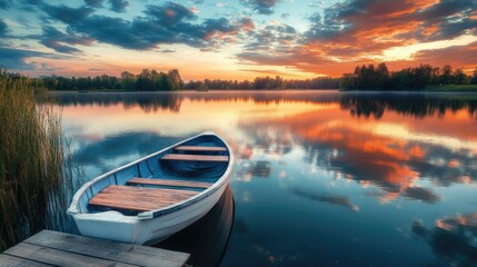Fototapeta premium A peaceful lake with a wooden pier, a row boat, and a beautiful sky reflecting on the water.