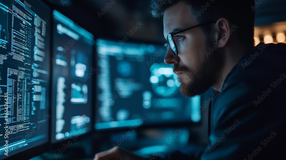 Poster a focused cybersecurity professional works diligently on multiple monitors, analyzing data and codes