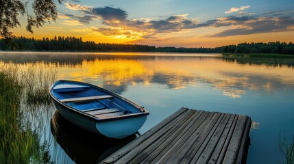 Obraz premium A peaceful lake with a wooden pier, a row boat, and a beautiful sky reflecting on the water.