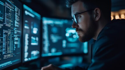 Fototapeta premium A focused cybersecurity professional works diligently on multiple monitors, analyzing data and codes. This image symbolizes the importance of training and vigilance in protecting remote work environme