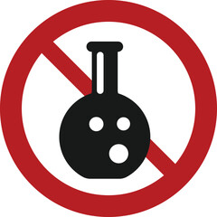Use of laboratory flasks or conducting experiments not allowed. Prohibition sign with a black flask icon and red crossed circle