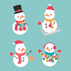 Cute snowmen rejoice in winter holidays.  Set of different snowman character celebrating Christmas.