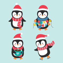 Penguin characters vector set design. Christmas penguins happy smiling character wearing xmas hat. Vector illustration cute mascot penguin collection.