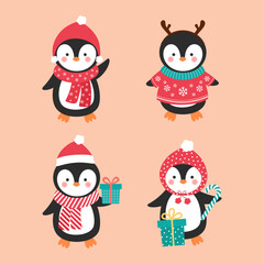 Penguin characters vector set design. Christmas penguins happy smiling character wearing xmas hat. Vector illustration cute mascot penguin collection.