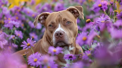  A brown-and-white dog sits in a field of purple and yellow blooms, one eye fixated on the camera