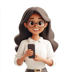 Smiling Woman Holding Phone in 3D Style on White Background
