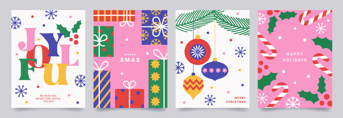 Set of Merry Christmas poster or greeting card. Trendy modern design with gifts, holly, snowflakes, branches Christmas tree decorated  balls and toys. Vector templates for banner, holiday cover.