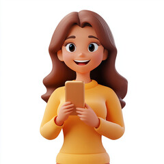 Smiling Woman Holding Phone in 3D Style on White Background