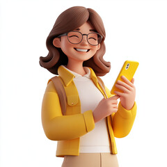 Smiling Woman Holding Phone in 3D Style on White Background