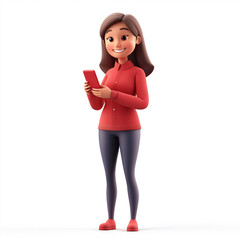 Smiling Woman Holding Phone in 3D Style on White Background