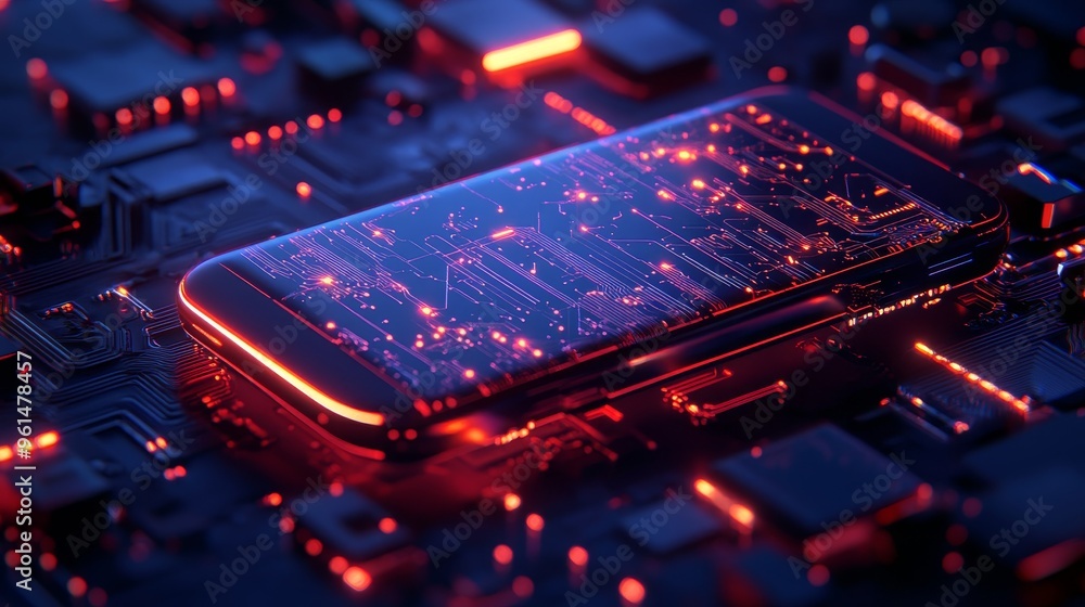 Poster a futuristic smartphone with glowing circuitry embedded within its screen, resting on a motherboard,