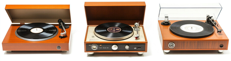 Retro Record Players Collection with Various Turntable Styles, Open and Closed Cases, Presented on White Background, Frontal Perspective