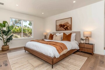 Fototapeta premium A modern, stylish bedroom featuring a cozy bed, warm tones, and natural light.