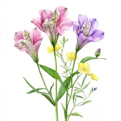 The bouquet of summer flowers is isolated on a white background. The illustration is hand-drawn in watercolor.