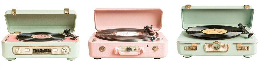 Obraz premium Three Types of Vintage Turntables in Open and Closed Cases Isolated on White, Front View Showcase of Retro Record Players